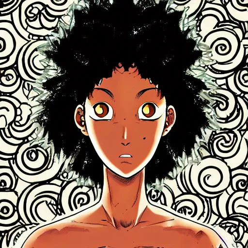 Image similar to a full lenght illustration of a light - skinned african - american woman character in nartuo. illustrated in the style of masashi kishimoto.