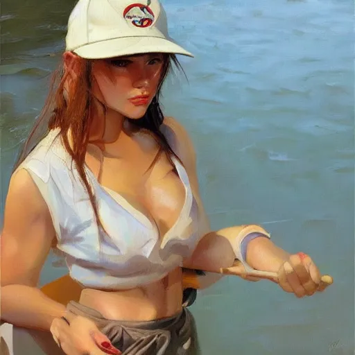 Image similar to oil painting by ilya kuvshinov,, baugh casey, artgerm craig mullins, coby whitmore, of a youthful white girl, long hair, fishing and wearing fisherman's outfit, fisherman's hat, highly detailed, breathtaking face, studio photography, noon, intense bounced light, water reflection, large tree casting shadow, serine intense sunlight