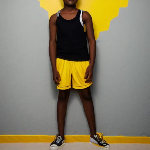 Image similar to black teenage boy wearing a white tank top, standing in a room with yellow walls and brown carpet