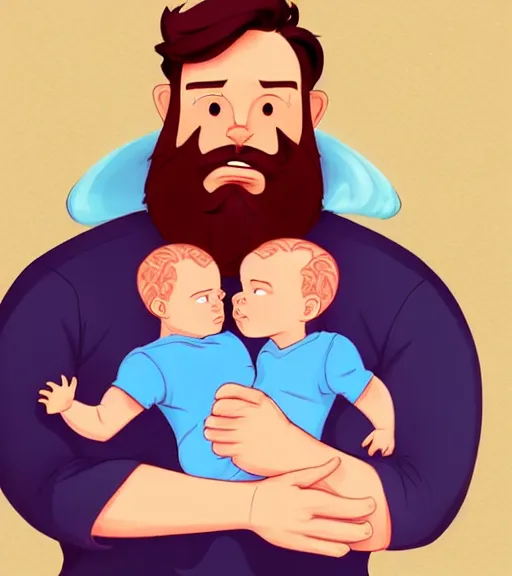 Image similar to a father with short red hair, a short red beard and blue eyes and a chubby face hold his infant son with short brown hair full color digital illustration in the style of don bluth, artgerm, artstation trending, 4 k