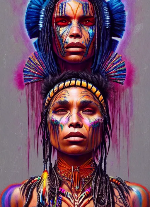 Image similar to portrait of zoe kravitz, hyper detailed ultra sharp aztec shaman warrior. trending on artstation, warpaint aesthetic, bloodwave, colorful, psychedelic, ornate, intricate, digital painting, concept art, smooth, sharp focus, illustration, art by artgerm and greg rutkowski and h. r. giger, 8 k