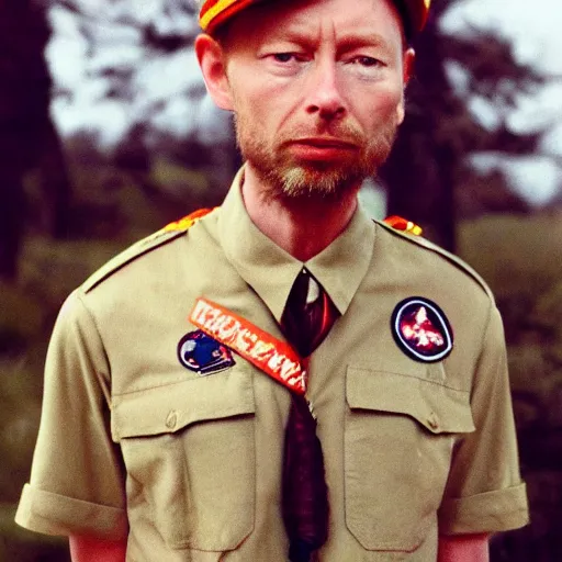 Prompt: thom yorke from radiohead as a khaki scout from moonrise kingdom