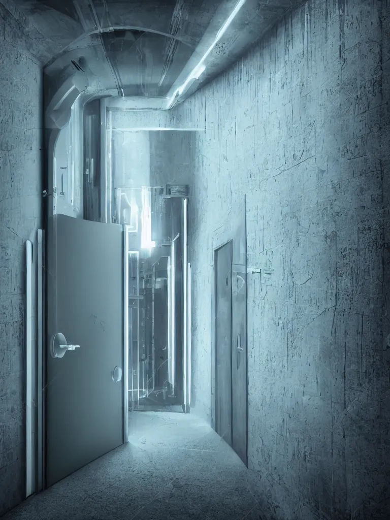 Image similar to a door at the end of a long dark corridor, futuristic, neon,