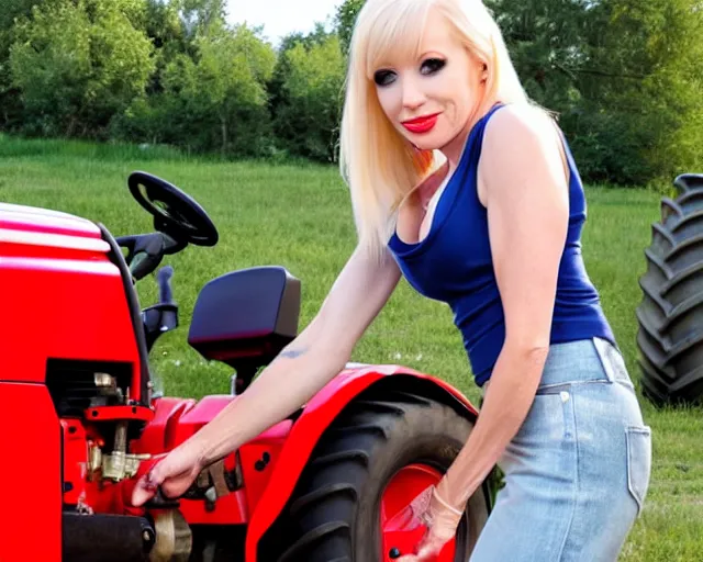 Image similar to Piper Perri wearing a conservative outfit working on a tractor in the summer heat