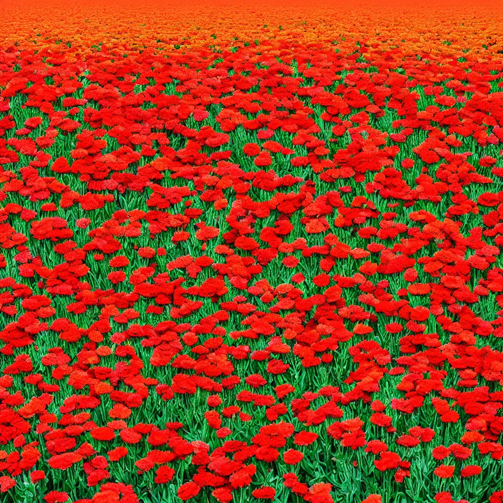 Prompt: orange and red carnations, flower field, photography, 18mm lens, 8k, wide-shot