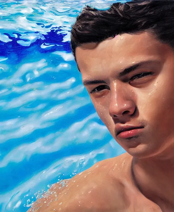 Image similar to portrait of a handsome young tejano swimmer, art by denys tsiperko and bogdan rezunenko, hyperrealism