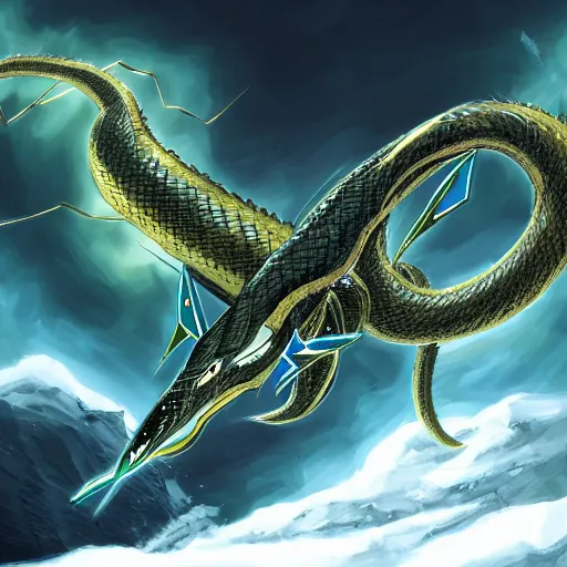 Image similar to rayquaza the snake like dragon pokemon flying in the sky, regal, imposing, dark, winter, snow, beautiful, stunning, hd, illustration, epic, d & d, fantasy, intricate, elegant, highly detailed, wide angle, digital painting, artstation, concept art, smooth, sharp focus, illustration, wallpaper, art featured on artstation