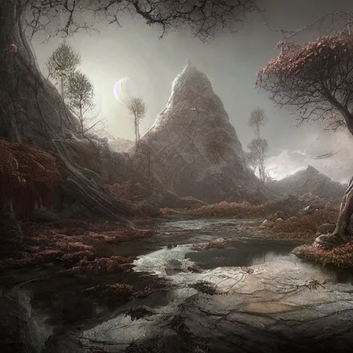 Image similar to michal karcz cartoon painting of a beautiful landscape. , horror theme, detailed, elegant, intricate, 4k,