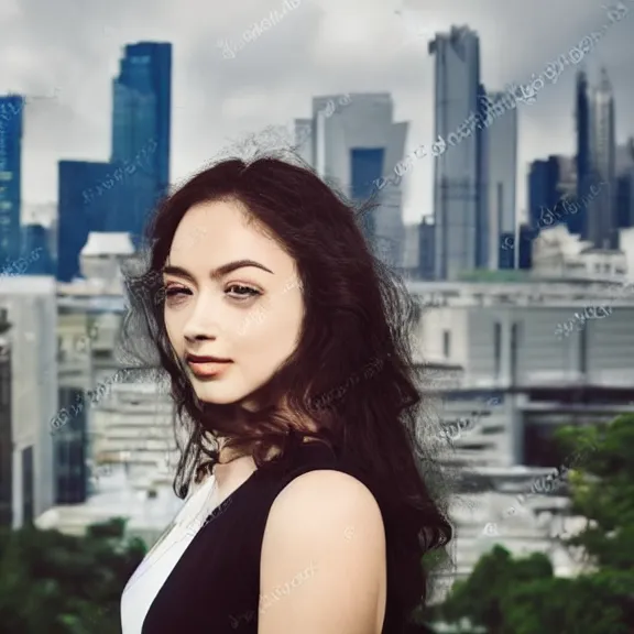 Image similar to portrait of 2 5 - year - old woman godess with angle 1 0 0 ° centred looking away fresh air, strong spirit and look happy, background city blured futuristic