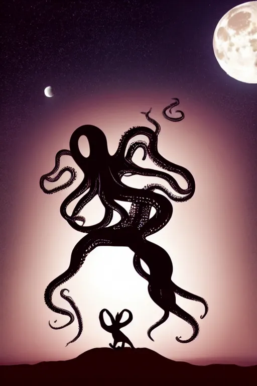 Image similar to the background is a huge moon. in the night environment, a man jumps into the air with a woman in his arms. in the middle of the moon are two figures in black silhouettes. at the bottom of the picture are some dancing octopus tentacles