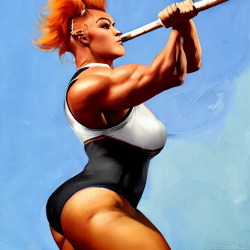 Prompt: greg manchess portrait of thick muscular weightlifter zarya from overwatch with ponytail and blonde hair, medium shot, asymmetrical, profile picture, organic painting, sunny day, matte painting, bold shapes, hard edges, street art, trending on artstation, by huang guangjian and gil elvgren and sachin teng