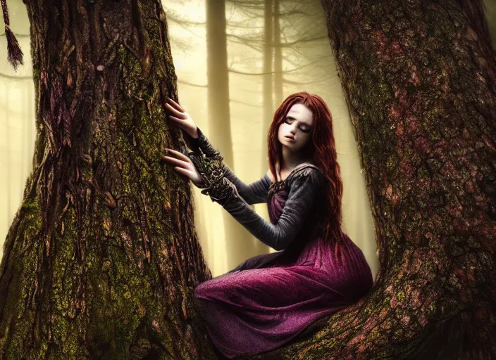 Prompt: a portrait of a real woman growing out of a tree in a magical forest. Fantasy magic horror style. Highly detailed 8k. Intricate. Nikon d850 55mm. Award winning photography.