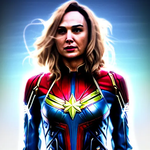 Image similar to a potrait of gal gadot as Captain Marvel by Zack Snyder, Christopher Nolan, 8k photorealistic, cinematic lighting, HD, high details, dramatic, trending on artstation, view from below, dark atmosphere,