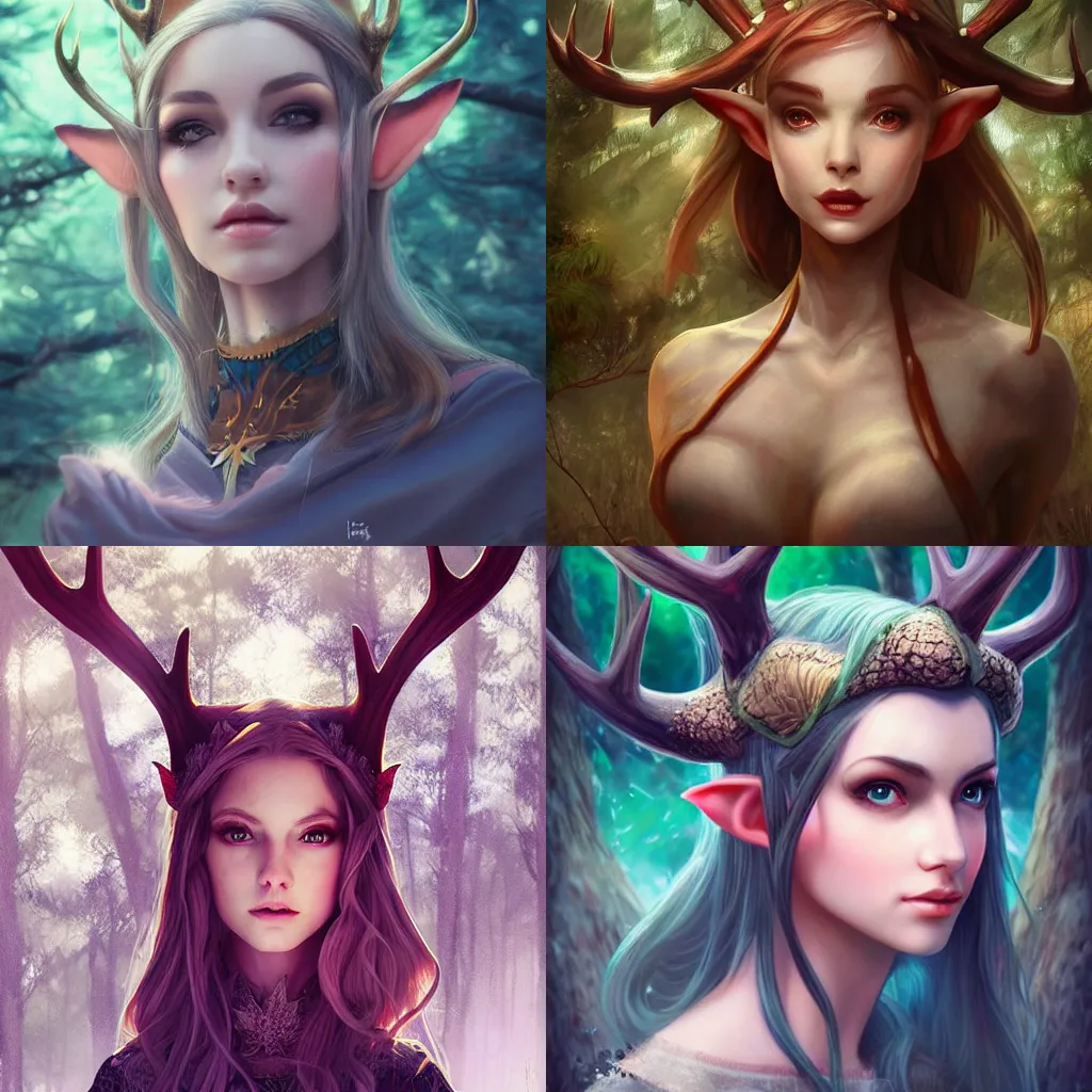 Prompt: beautiful female elf with antlers in the forest, symmetrical portrait by loish and WLOP, octane render, rending on ArtStation