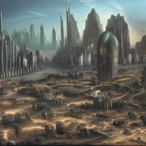 Prompt: matte painting of a sprawling city on the surface of bajor, by syd dutton