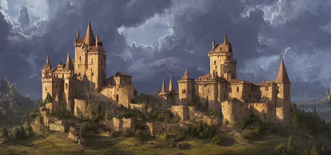 Image similar to castle with pointed spires, lourmarin, landscape, alex ross, eddie mendoza, raphael lacoste, sebastian ludke, concept art, matte painting, highly detailed, rule of thirds, dynamic lighting, cinematic, detailed, magnificiant landscape, denoised, centerd