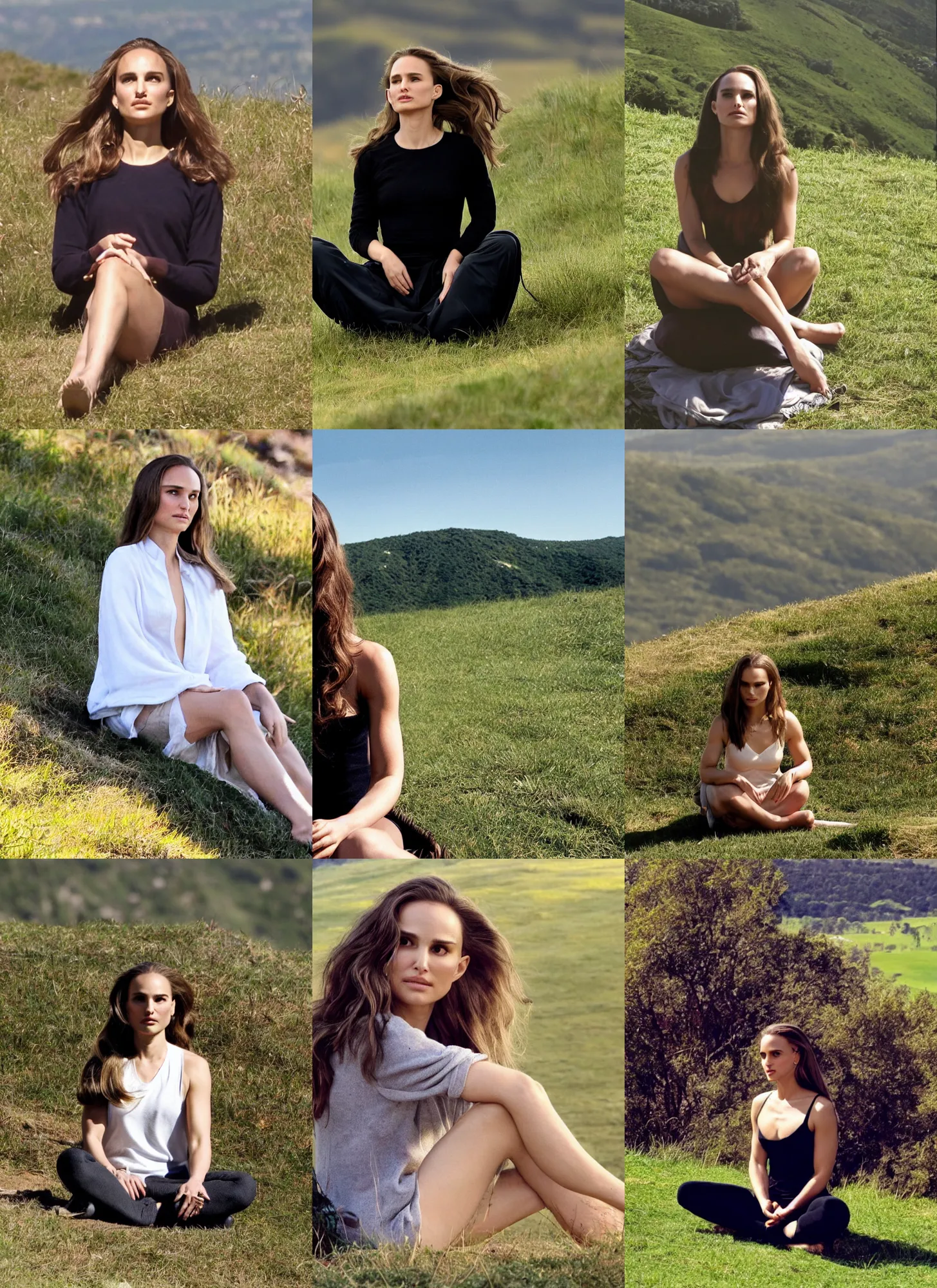Prompt: natalie portman with extremely long hair sitting on top of a hill meditating in the morning sun