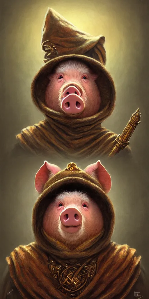 Image similar to rpg! profile!!! portrait of humanoid pig on white background, wizard hat, wizard cloak, surreal, vintage doll, intricate, highly detailed, digital painting, artstation, concept art, smooth, sharp focus, illustration, art by norman rockwell emiliano ponzi andrey remnev yoann lossel aaron jasinski, 8 k