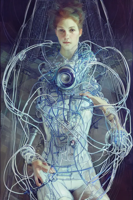 Image similar to hyperrealist portrait of a year 2 0 4 4 space sport engineer, it is decorated with long wires that fall like vines and wears small computers over their body. by jeremy mann and alphonse mucha, fantasy art, photo realistic, dynamic lighting, artstation, poster, volumetric lighting, very detailed faces, 4 k, award winning