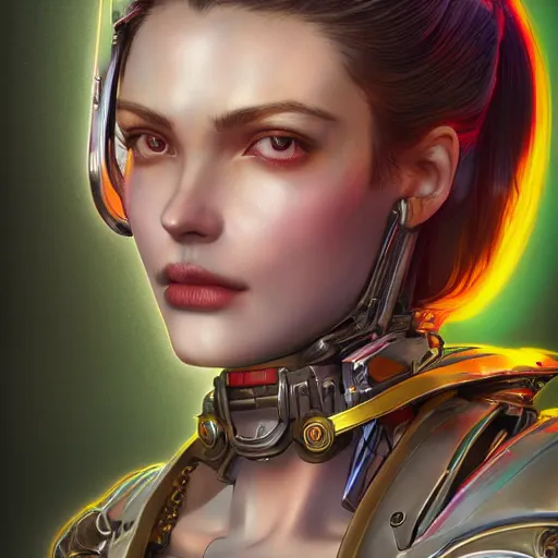 Image similar to studio portrait of lawful good colorful female holy mecha paladin absurdly beautiful, elegant, young sensual graceful woman, ultrafine hyperrealistic detailed face illustration by kim jung gi, irakli nadar, intricate linework, sharp focus, bright colors, matte, octopath traveler, final fantasy, unreal engine highly rendered, global illumination, radiant light, intricate environment