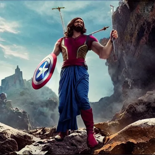 Prompt: jesus christ fighting alongside the avengers, using his cross as weapon, photorealistic, cinematic lighting, extremely detailed, marvel cinematic universe