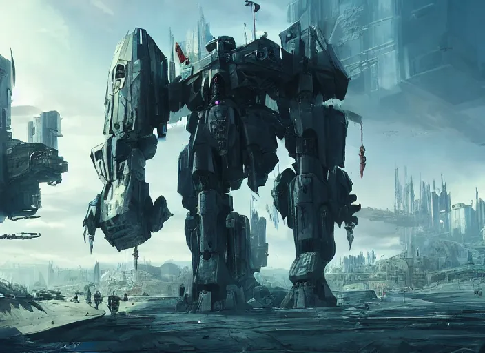 Prompt: medieval cyberpunk knight running from a gigantic ethereal armored mech in a scenic destroyed city, armor inspired by star wars and iron man, cybernetic implants, beautiful digital art, epic lighting, epic composition, sharp focus