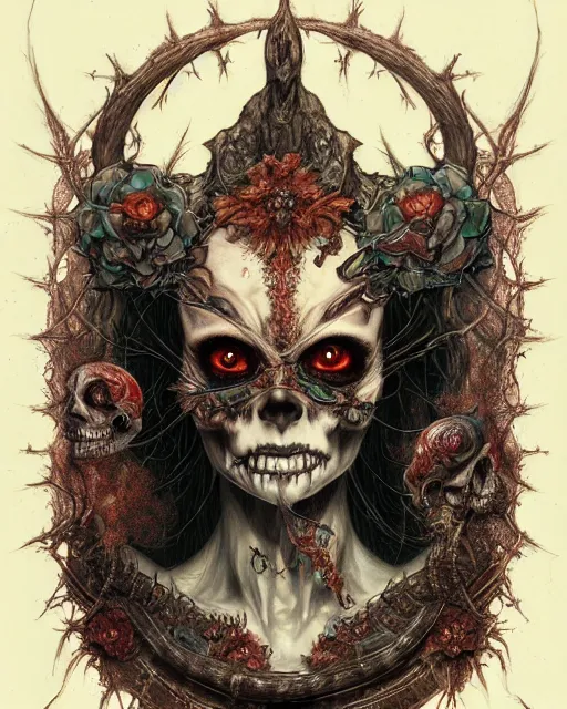 Image similar to perfectly centered portrait front view of a angry dead rotten beautiful female skull growing ornamentation all around, ornate, detailed, symmetrical, elegant, beautifully soft lit, by wayne barlowe, peter mohrbacher, kelly mckernan