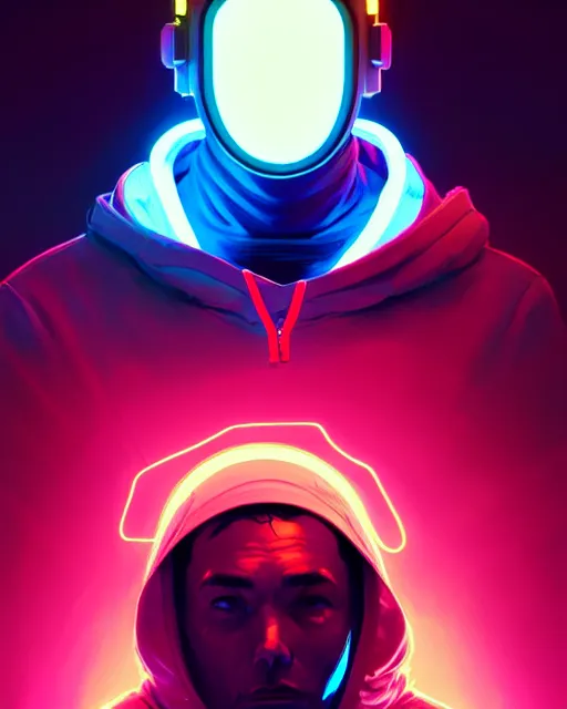 Image similar to cyberpunk synth, photographic, hyper - realistic detailed portrait of a man in a hoodie, with neon visor, dynamic pose, by atey ghailan, by greg rutkowski, by greg tocchini, by james gilleard, by joe fenton, by kaethe butcher, sharp focus