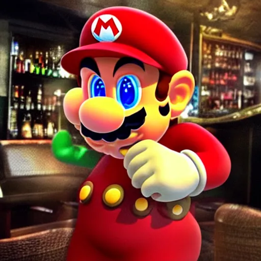 Image similar to super mario in a bar smoking a cigar with bloodshot eyes