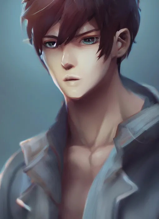 Image similar to detailed beautiful male character art of a protagonist, depth of field, on amino, by sakimichan patreon, wlop, weibo, lofter. com high quality art on artstation.