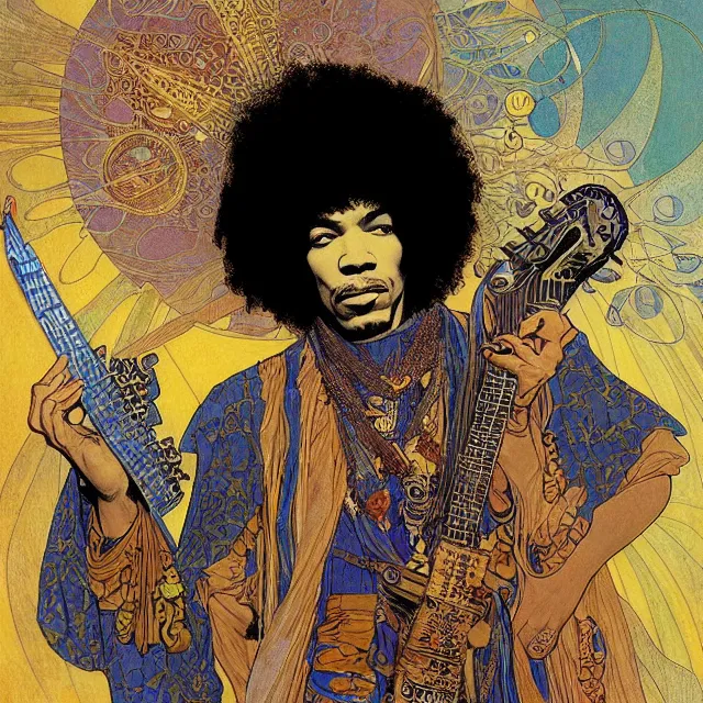 Image similar to artwork by Franklin Booth and Edmund Dulac showing a portrait of Jimi Hendrix as a futuristic space shaman, Alphonse Mucha background, futuristic electric guitar, star map, smoke, platonic solids