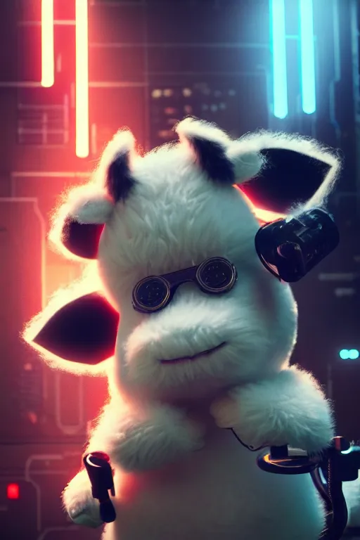 Image similar to high quality 3 d render very cute fluffy! cyborg cow plays guitar, cyberpunk highly detailed, unreal engine cinematic smooth, in the style of blade runner & detective pikachu, hannah yata charlie immer, moody light, low angle, uhd 8 k, sharp focus