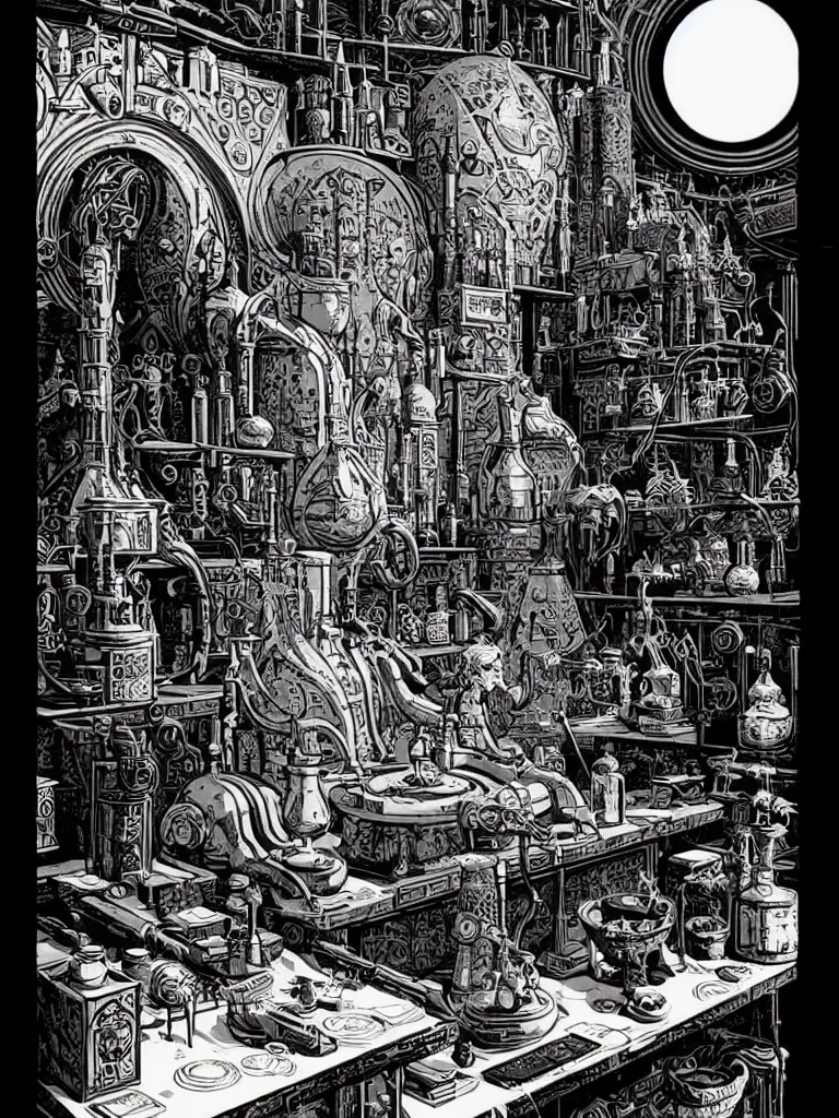 Image similar to ancient alchemist wizards laboratory, high details, lineart, by vincent di fate, inking, 3 color screen print, masterpiece, trending on artstation, sharp, high contrast, hyper - detailed, hd, 4 k, 8 k