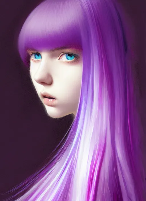 Image similar to hair whitebangs hair, black hair, whitebangsblackhair, portrait of teenage girl with white bangs, red irises, purple clothes, white bangs, bangs are different color from hair, intricate, elegant, glowing lights, highly detailed, digital painting, artstation, concept art, sharp focus, illustration, art by wlop, mars ravelo and greg rutkowski