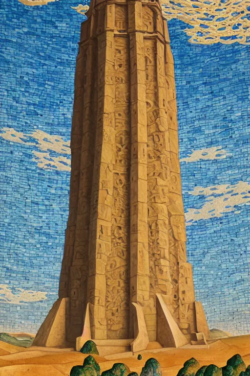 Image similar to painted tower of the moon, by Sylvain Sarrailh and Nicholas Roerich and Annie Swynnerton, dramatic cinematic lighting , beautiful tilework mosaics, ornate architecture, sacred artifacts, lost civilizations, smooth, sharp focus, extremely detailed