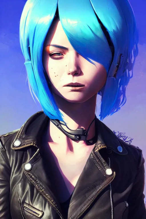 Image similar to a ultradetailed beautiful panting of post apocalyptic woman biker with helmet. blue hair. opened leather jacket, pretty face, high detailed face, in front of burning desert, anatomically correct, close up, by ilya kuvshinov, greg rutkowski and makoto shinkai, trending on artstation