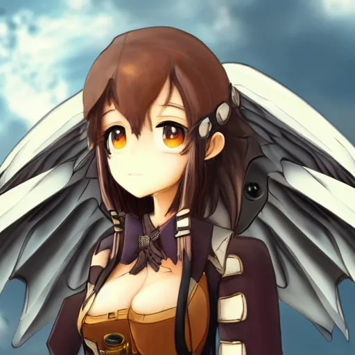 Prompt: a smug anime girl with steampunk wings and steampunk weapons, steampunk armor, extremely detailed, cinematic lighting, anime, sunny, sky, clouds,