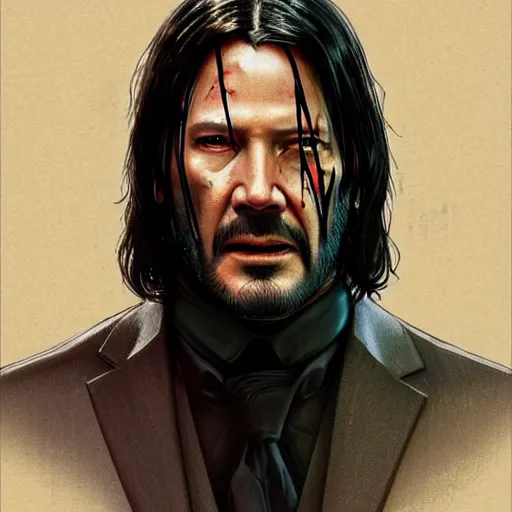 Image similar to a mind - blowing portrait of a john wick wearing a human skull, deep focus, d & d, fantasy, intricate, elegant, highly detailed, digital painting, artstation, concept art, matte, sharp, illustration, hearthstone, art by artgerm and greg rutkowski and alphonse mucha