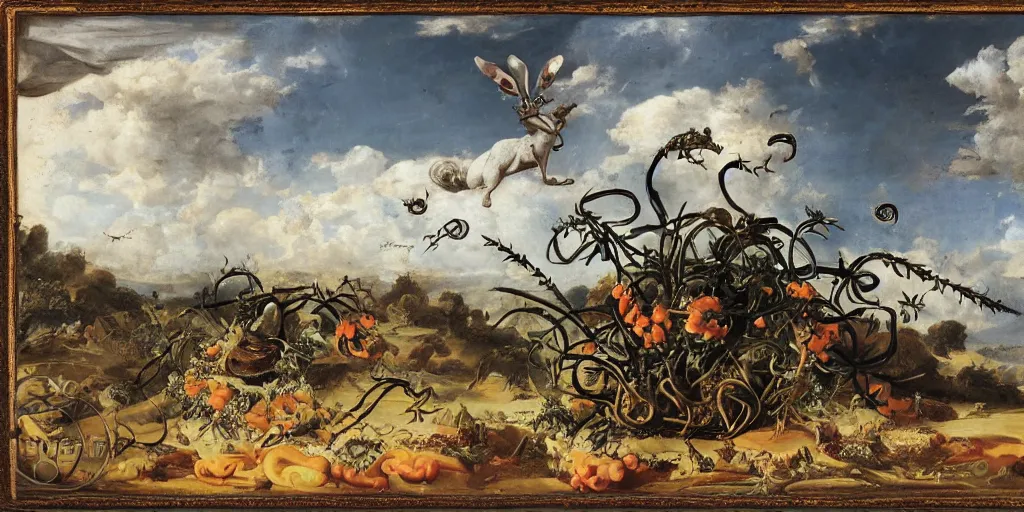 Prompt: portrait, war, knight, rabbit, horns, wide angle, puffy clouds, skies behind, stars in sky, italian masterpiece, Ashford Black Marble, sculpture, baroque, draped with orange carrot and vines and spines, marble and gold, drapes, white details, beetle, flies, famine, still life, Obsidian, portrait, rabbit, snails vs worms, goose, render, artstation, ultra detailed