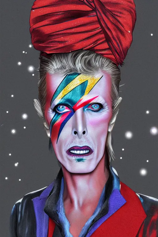 Prompt: illustration, drawing of david bowie dressed as a Genie, cloth head wrap, turban, bracelets, drawn by yoshitaka amano , high resolution, hd, 4k