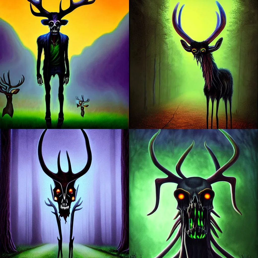 Prompt: Tim Jacobus Goosebumps art painting, Wendigo monster with deer skull face, antlers, furry brown body, tall and lanky skinny, walking through a suburb, night time, purple, green and blue colors, ominous lighting, spooky, foggy, fog