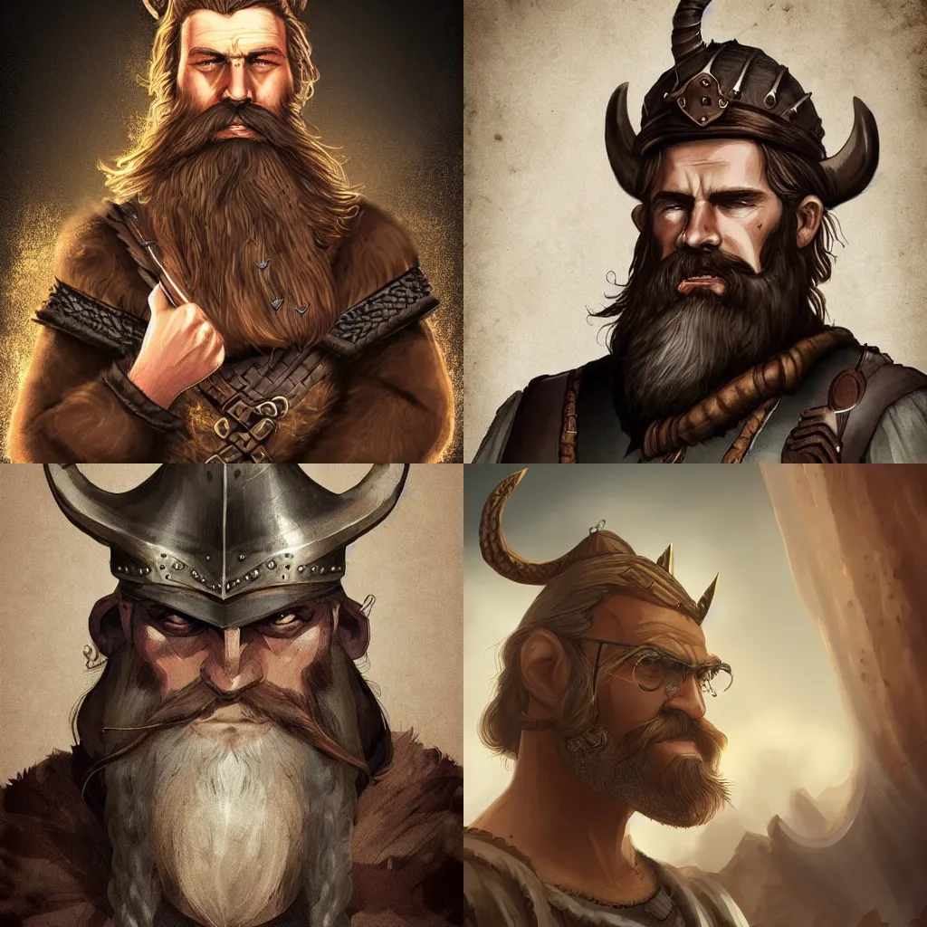 Prompt: Viking wearing a black smoking and long brown beard, Short Brown Hair, wearing a black noble suit, D&D Character Head Portrait, Digital Art, Detailed, Trending on Artstation