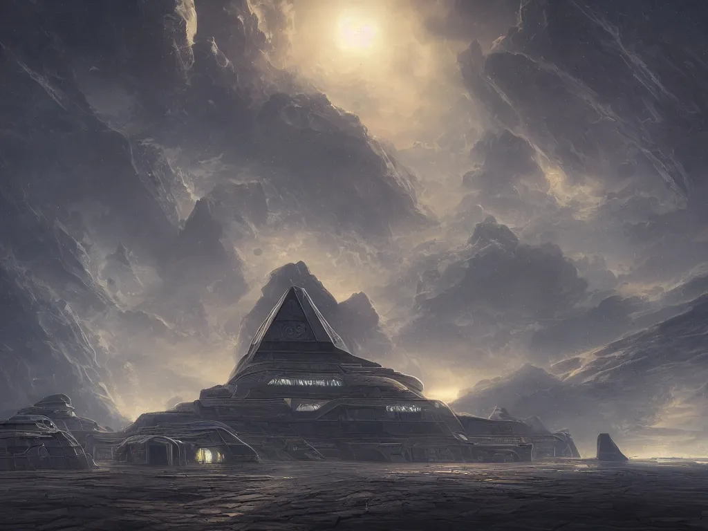 Image similar to pyramidal mausoleum spaceship, highly detailed, intricate, by Raphael Lacoste, Eddie Mendoza, Alex Ross, background of outer space nebulas by Pilar Gogar, concept art, matte painting, 8K HDR