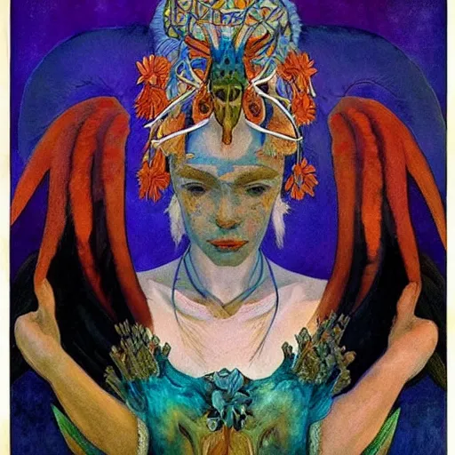 Image similar to the bone crown, the crown of wings, by Annie Swynnerton and Nicholas Roerich and Diego Rivera, bioluminescent skin, tattoos, wings made out of flowers, elaborate costume, geometric ornament, symbolist, cool colors like blue and green and violet, smooth, sharp focus, extremely detailed