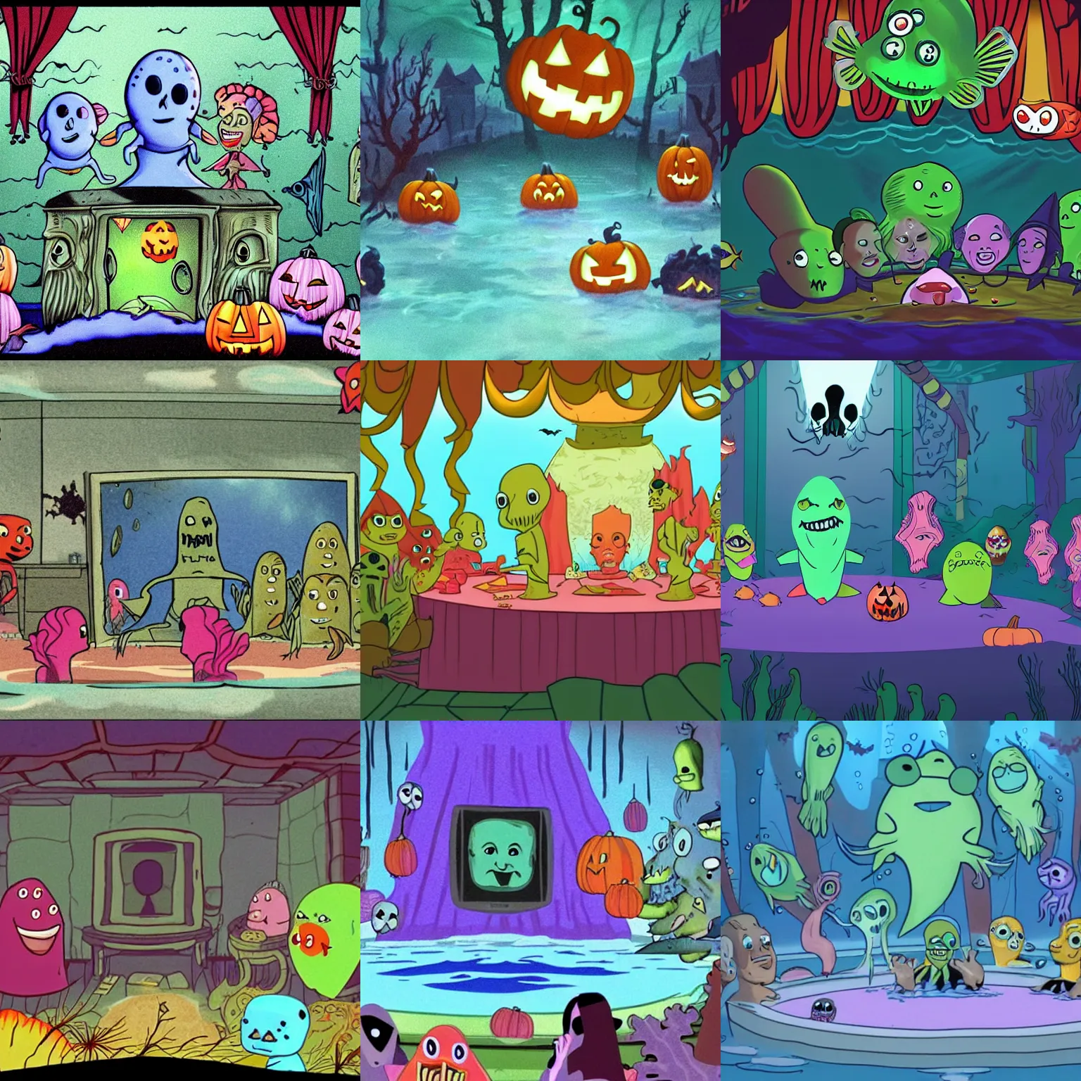 Prompt: tv show screenshot of a scene in a haunted mansion set underwater with a small group of fish characters talking at a halloween party about the nuclear devastation outside the city gates, halloween decorations, indoors, creepy, art by genddy tartakovsky