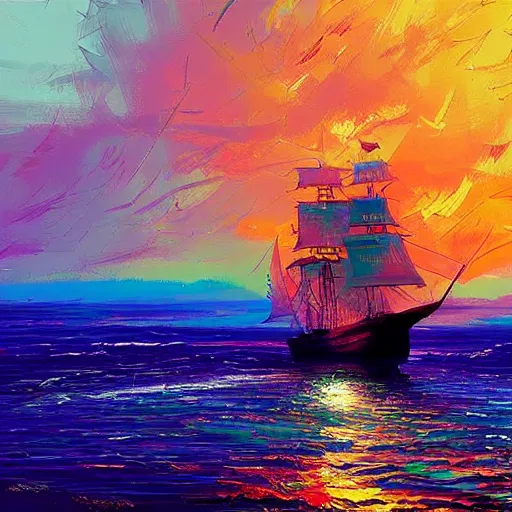 Image similar to A pirate on the high seas that has magical pearlescent shimmering see through sails, painting by Alena Aenami