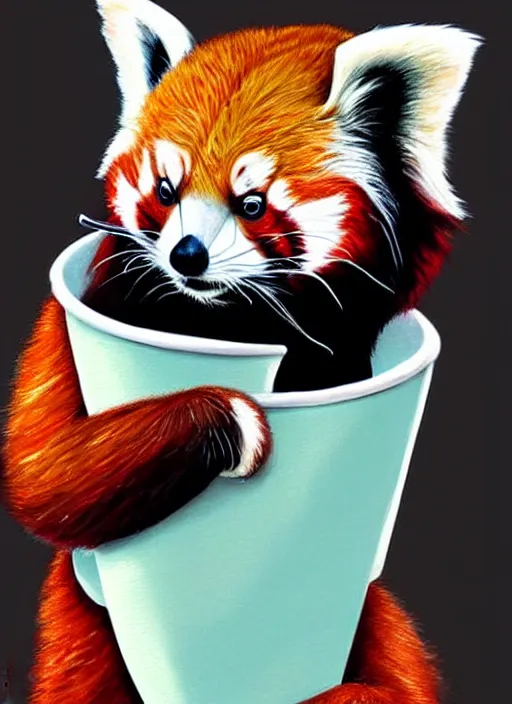 Image similar to red panda, paper cup, fantasy, woodroffe art style, highly detailed, digital painting, artstation, concept art, illustration, art by patrick james woodroffe!!!