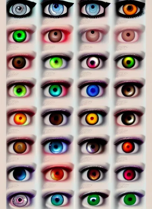 Prompt: diverse eyes!, dot pupils, vitals visualiser!!, advanced art, art styles mix, from wikipedia, grid of styles, various eye shapes