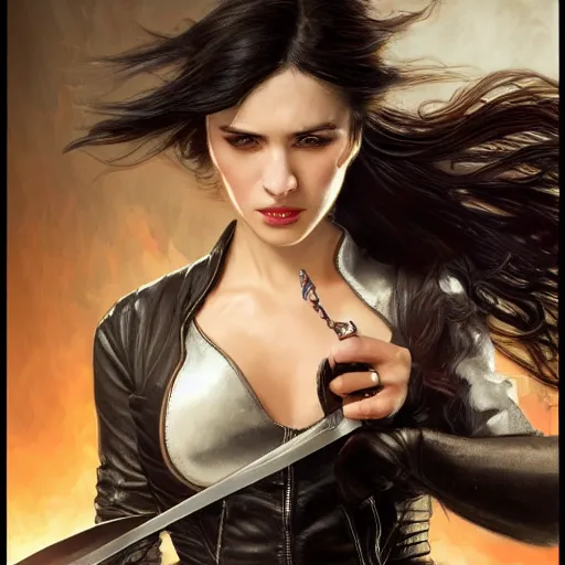 Image similar to an action photo of a black haired woman in a black leather jacket in a swordfight, muscular upper body, abs, d & d, fantasy, intricate, elegant, highly detailed, digital painting, artstation, concept art, smooth, sharp focus, illustration, art by artgerm and greg rutkowski and alphonse mucha