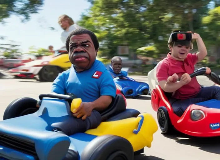 Image similar to peter dinklage racing gary coleman driving a little tikes cars, movie still, from the new fast and furious movie, 8 k, realistic